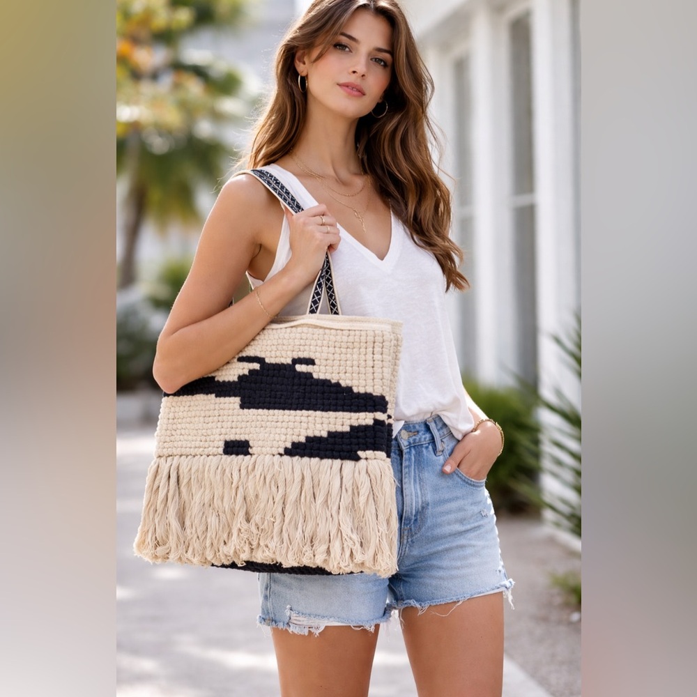 NWT Woven Fringe Tote Bag Boho Neutral Shoulder Bag